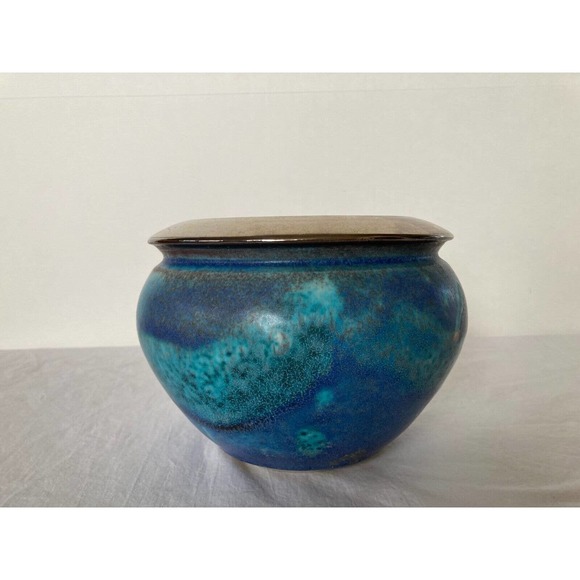 Vintage Handmade Studio Pottery Blue Round Circular Vase Signed Silver Band Rim - Picture 7 of 8